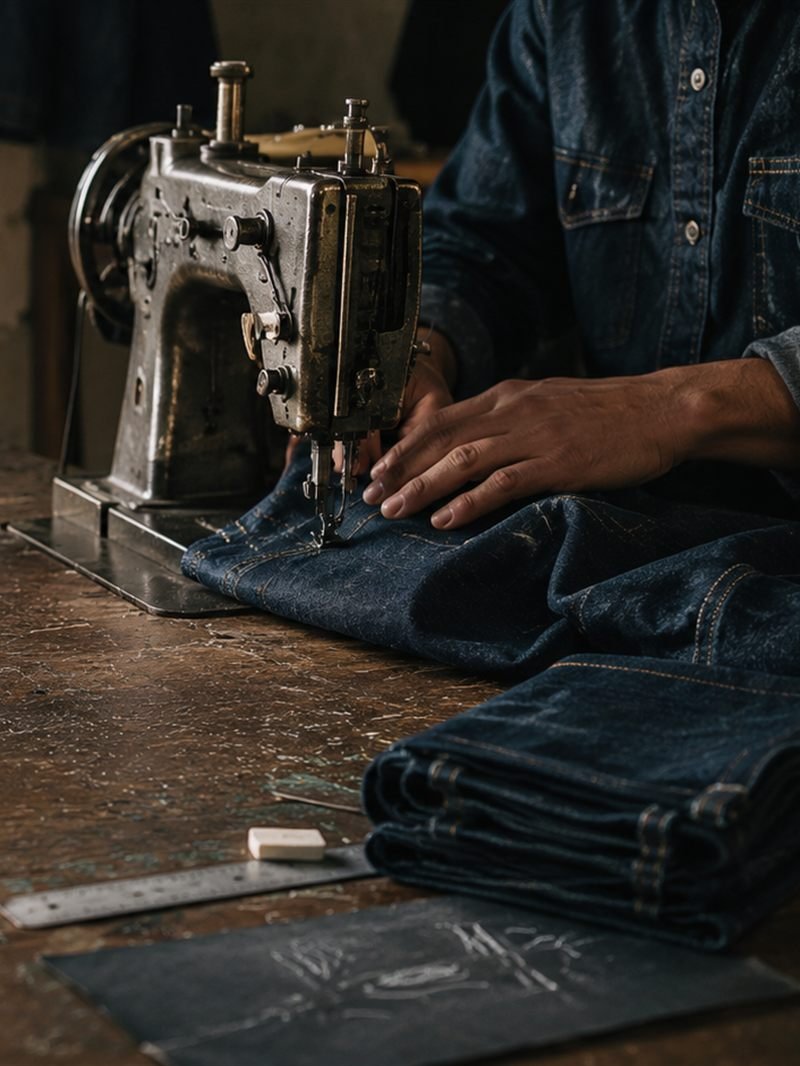 A DEGROSS maker at the sewing machine, stitching denim on a worn workbench beside spools of thread.