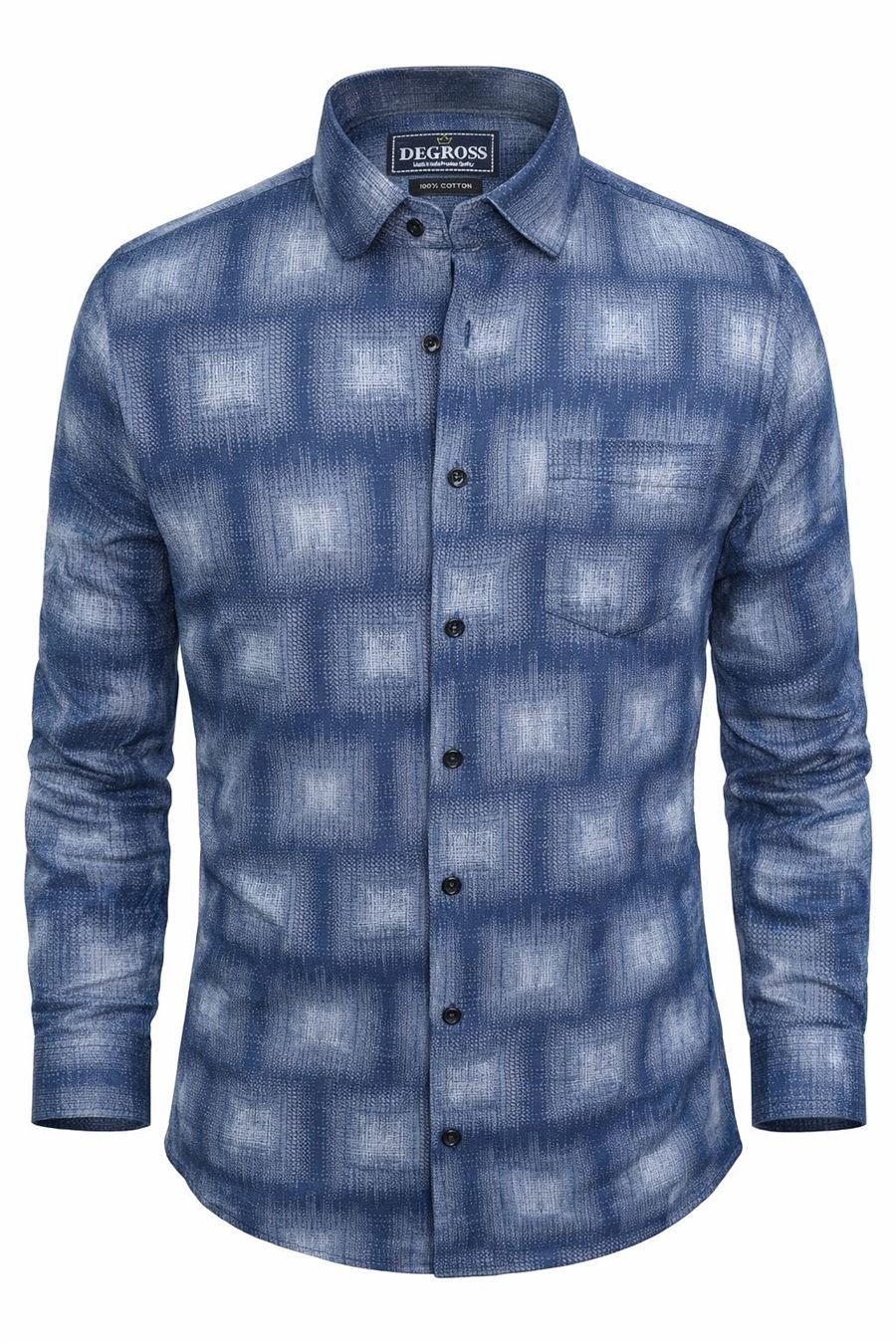 Degross Men Blue Textured Check Regular Fit Full Sleeve Shirt