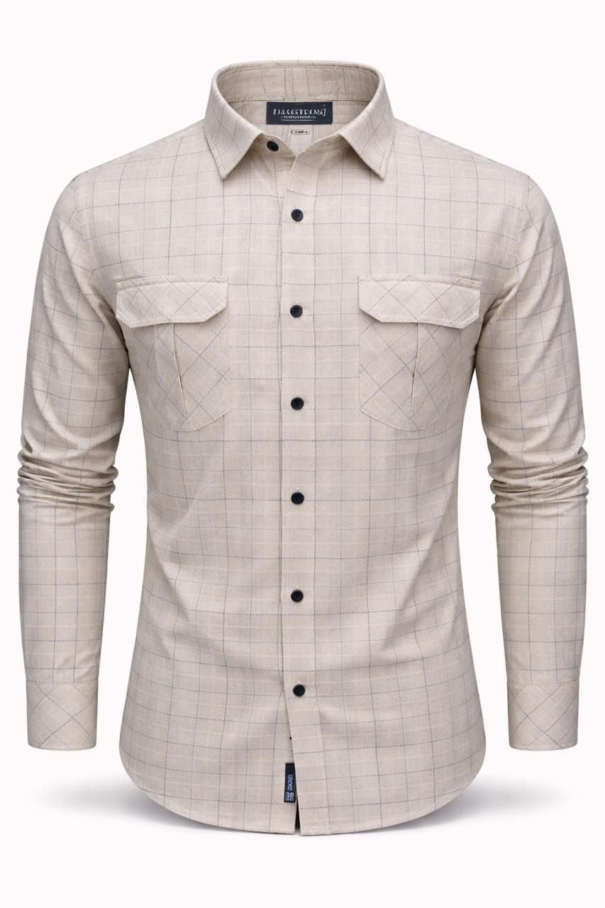 Men Beige Windowpane Check Dual Pocket Shirt