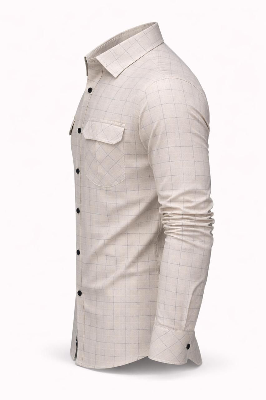 Men Beige Windowpane Check Dual Pocket Shirt — view 3 of 5
