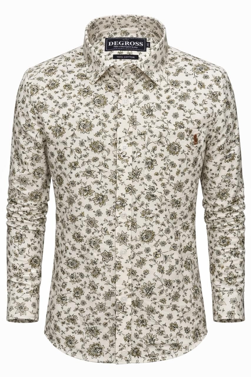 Men Cream Floral Print Cotton Shirt