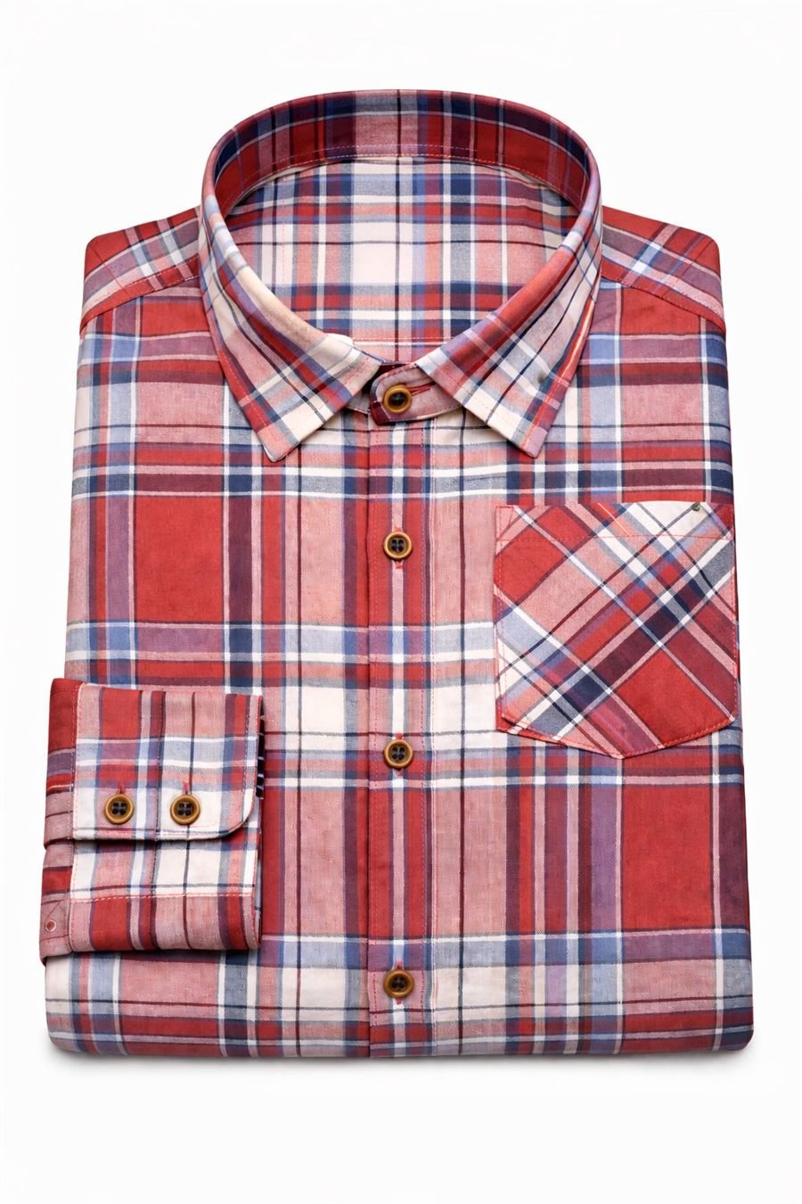 Men Red and Navy Plaid Check Cotton Full Sleeve Shirt — view 5 of 5