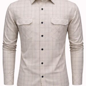 Men Beige Windowpane Check Dual Pocket Shirt