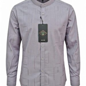 Men Grey Abstract Pattern Mandarin Collar Cotton Shirt
